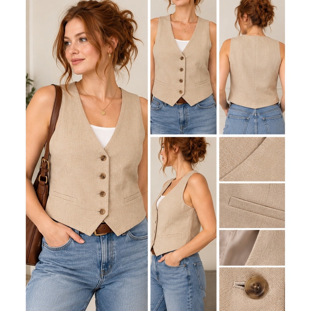 Old Navy Vest XL Beige Linen Blend Button Front Coastal Minimalist Waistcoat